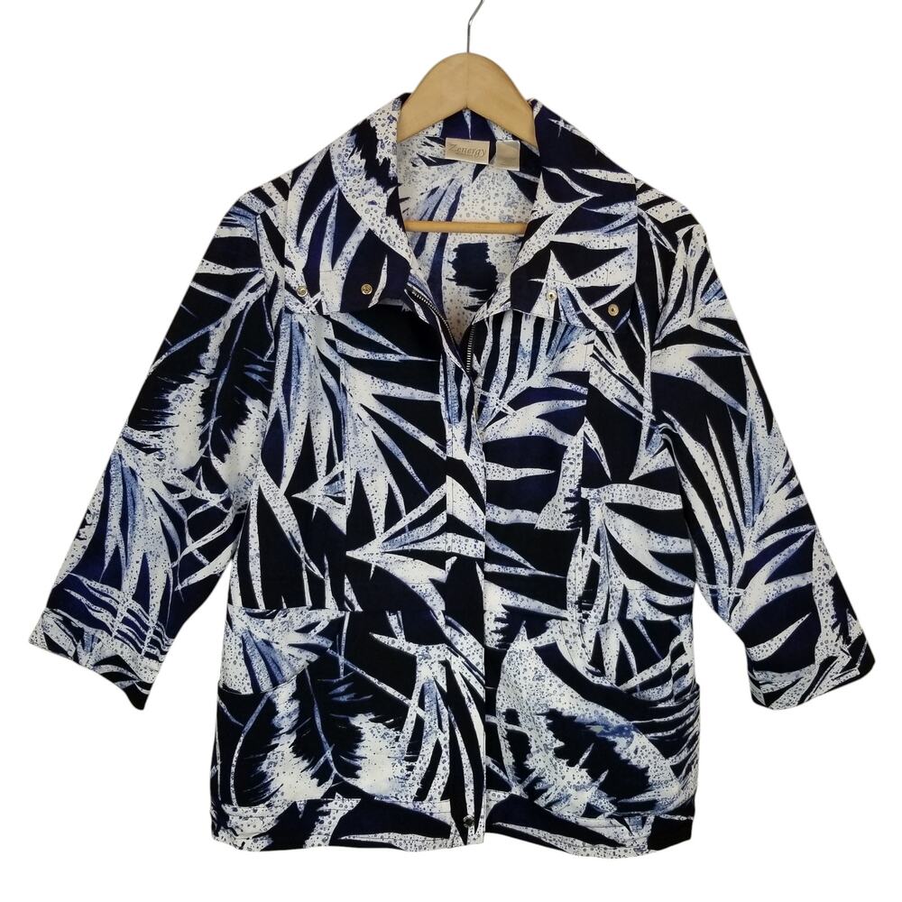 Zenergy by Chico's Women's Blue Tropical Print Zip Front Jacket Size Large